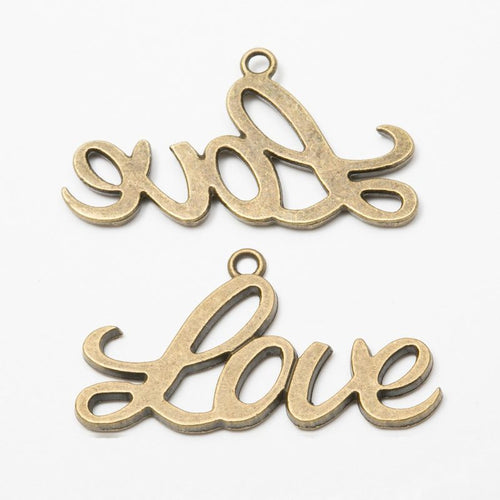 Bright Silver, Antique Bronze, Gold Tone, Antique Silver script love charm shown in a detailed product view