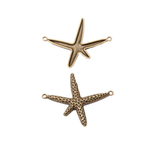 Close-up view of the textured starfish connector charms in three finishes showing its front and reverse metal details.