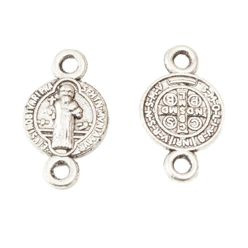 Double Loop Saint Medal Connector in an antique tone shown from the front