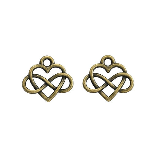Front detail of infinity knot heart metal charm