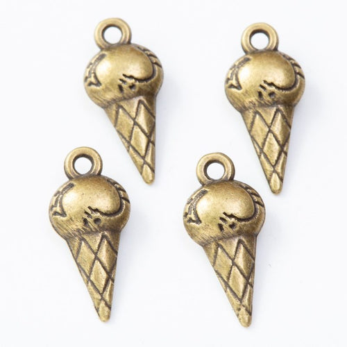 Close-up view of the ice cream cone metal charms in two antique finishes showing its front and reverse metal details.