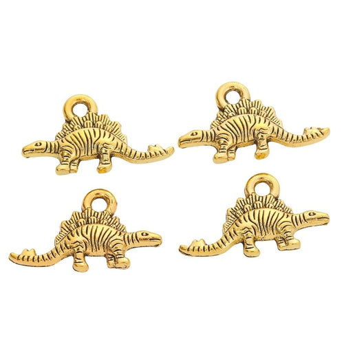 Grouped view of the stegosaurus dinosaur metal charm from the front