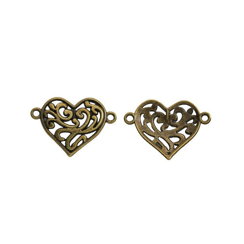 Front detail of filigree double-loop heart connector metal charm