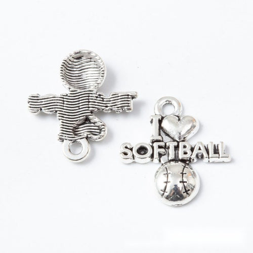 Softball Word And Ball Charm in an antique tone shown from the front