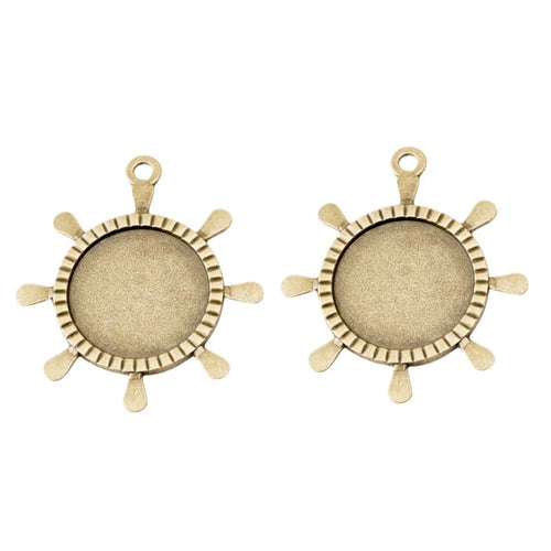 Close front view showing the shape and recessed details of the ship wheel round cabochon settings