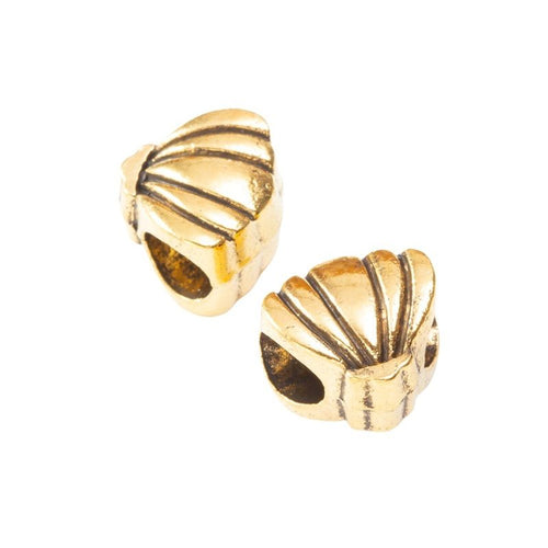 Front and reverse details of scallop shell beads on a white background