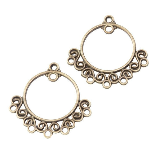 Front and reverse details of round connector charms on a white background