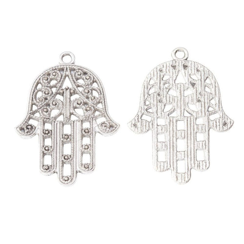 Front detail and finish comparison of the filigree hamsa hand charm