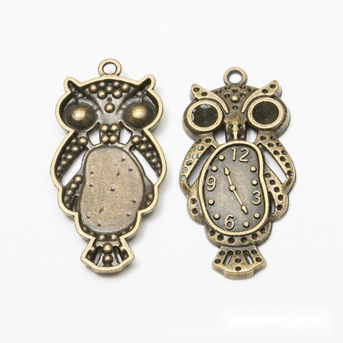 Owl Clock Charm Pendant front detail showing an owl body framing a clock face