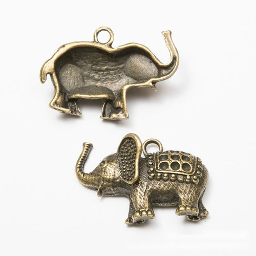 Front and reverse views of the patterned elephant metal charms in two antique finishes