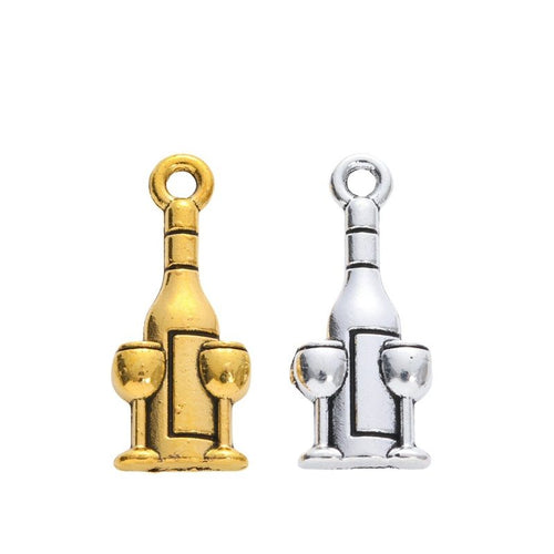 Grouped front and back views showing the details of wine bottle and glass charms