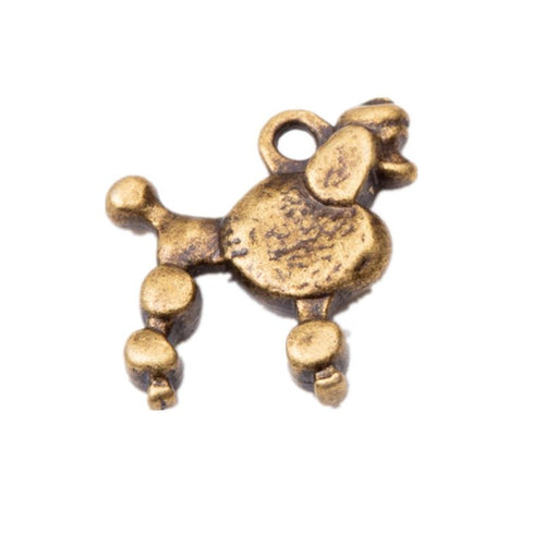 Front and reverse views of the sculpted poodle dog metal charms in three plated finishes