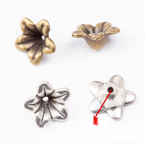 Five Petal Flower Bead Cap in an antique tone shown from the front