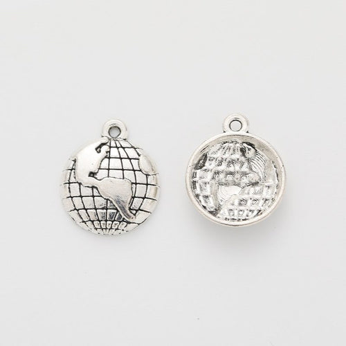 Small World Map Charm front and reverse details on a white background