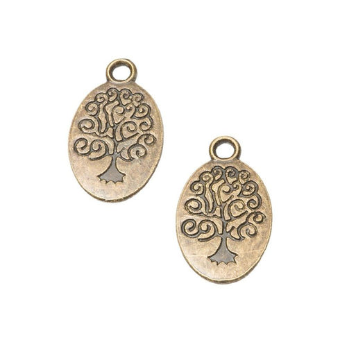 Close product view of the oval tree of life cutout charm in two antique finishes