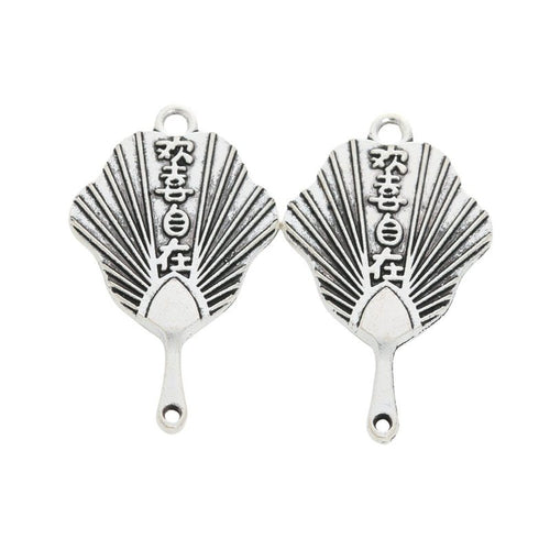 Folding fan charm with radiating ribs, raised characters, and two loops shown in front detail view