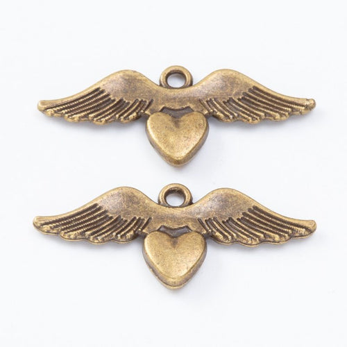 Heart charms flanked by long feather-textured wings shown from the front on a white background.
