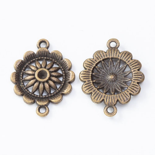 Bright Gold, Antique Bronze, Antique Silver, Light Gold sunflower connector shown in a detailed product view
