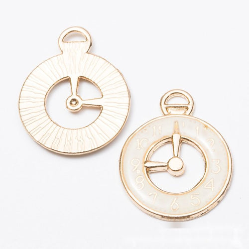 Close product view showing the front and reverse details of the enamel clock charm