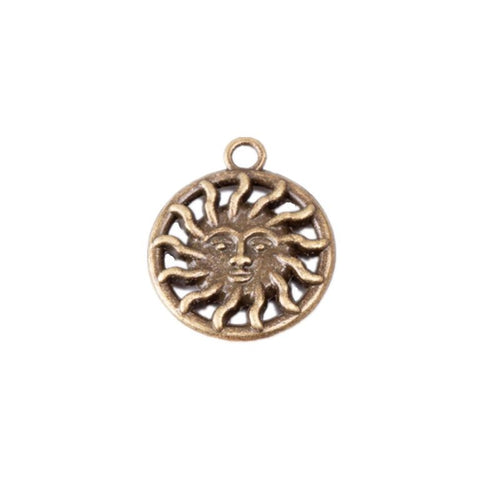 Front detail view of one pictured finish of openwork sun face charms