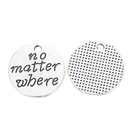 Antique Bronze, Antique Silver round message charm shown in a detailed product view
