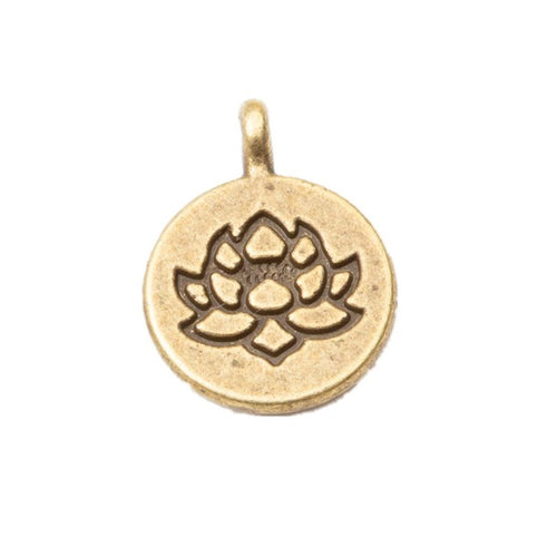 Round Lotus Cutout Metal Charm Pendants shown in a angled detail view on a plain background