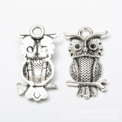 Front detail view of one pictured finish of two design owl charms