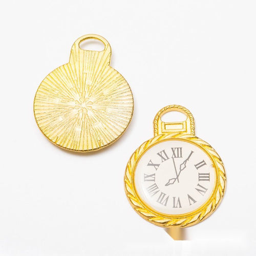 Product photo 2 of the roman numeral clock charm highlighting its round clock face with Roman numerals and twisted borde