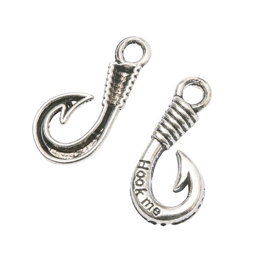 Close view of the curved fishhook charm surface and relief