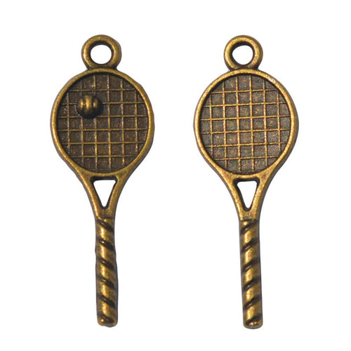 Front and reverse details of the tennis racket metal charm pendant
