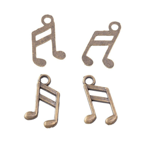 Antique Bronze, Bright Silver, Gold Tone, Pale Gold, Rose Gold, Antique Silver double music note charm shown in a detail
