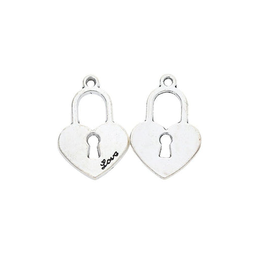 Heart-shaped padlock charm with an open shackle and keyhole shown in front detail view