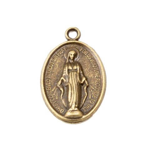 Oval Religious Figure Medal Charm in an antique tone shown from the front