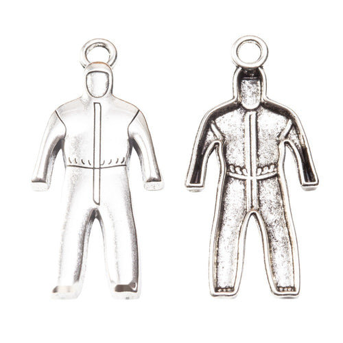 Coverall Worker Figure Pendant Charm in Antique Silver shown in angled product view