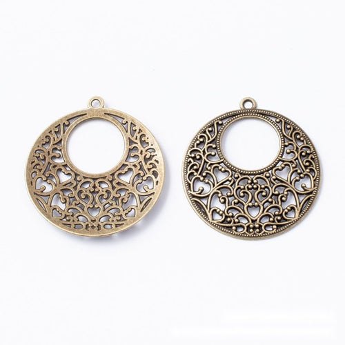 Filigree Round Connector in an antique tone shown from the front