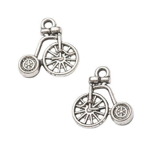 Penny Farthing Bicycle Charm Pendant front detail showing one large spoked wheel and one small rear wheel