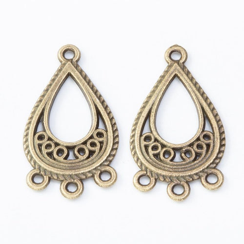 Front and reverse details of teardrop connector charms on a white background