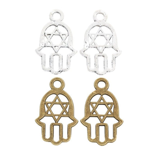 Front detail view of the Six Point Star Hamsa Hand metal piece