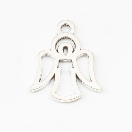 Close view of the a simple openwork angel with a round head, flared robe, and curved wings