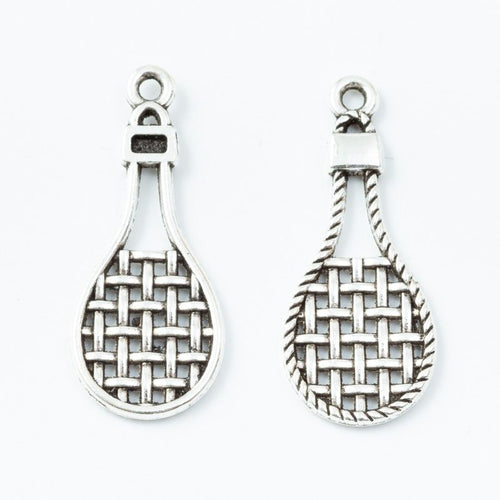 Woven Face Tennis Racket Charm in an antique tone shown from the front