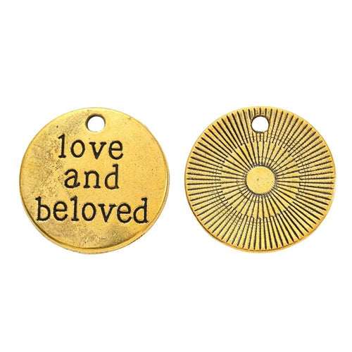 Front detail of love and beloved round metal charm
