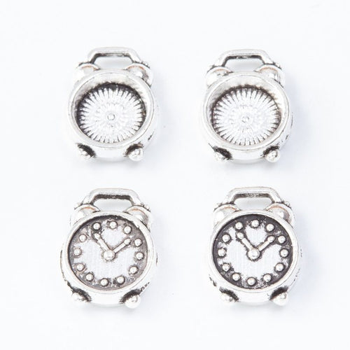 Alarm Clock-Shaped Metal Charm Pendants shown in a angled detail view on a plain background