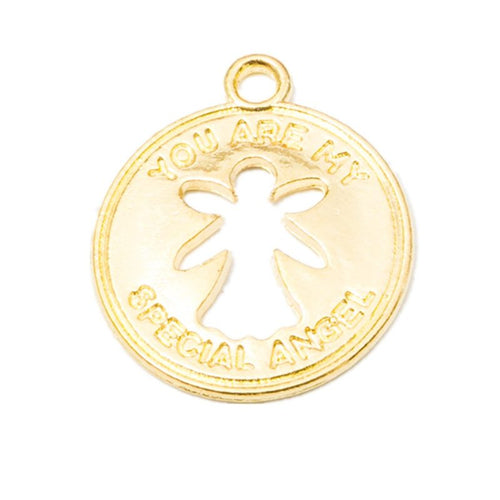 Front and reverse details of the round special angel cutout metal charm