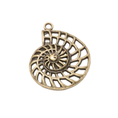 Front detail view of one pictured finish of openwork spiral shell charms