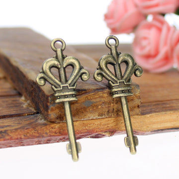 Vintage Crown Fleur Key Charm Metal Jewelry Component, 3 Finish Options