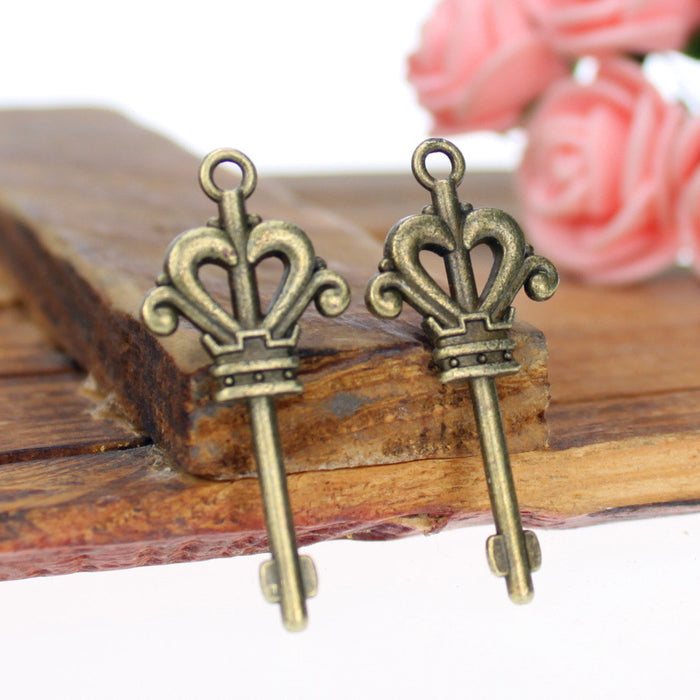 Vintage Crown Fleur Key Charm Metal Jewelry Component, 3 Finish Options