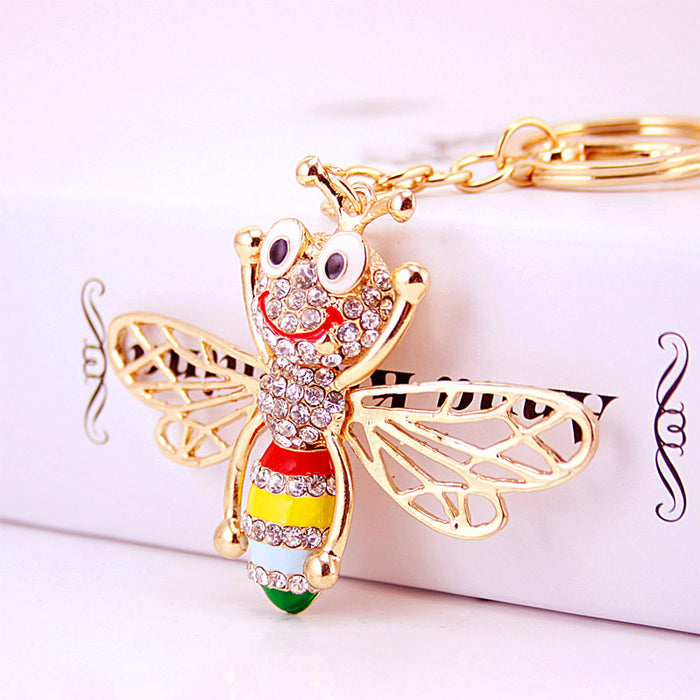 Cute Colorful Rhinestone Bee Insect Metal Keychain Bag Charm