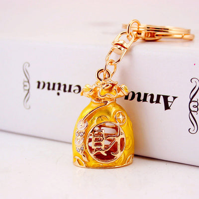 Money Bag Keychain With Chinese Wealth Character In Red, Blue And Yellow