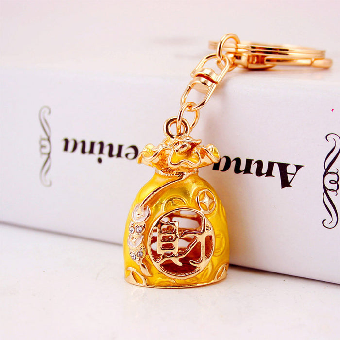 Money Bag Keychain With Chinese Wealth Character In Red, Blue And Yellow