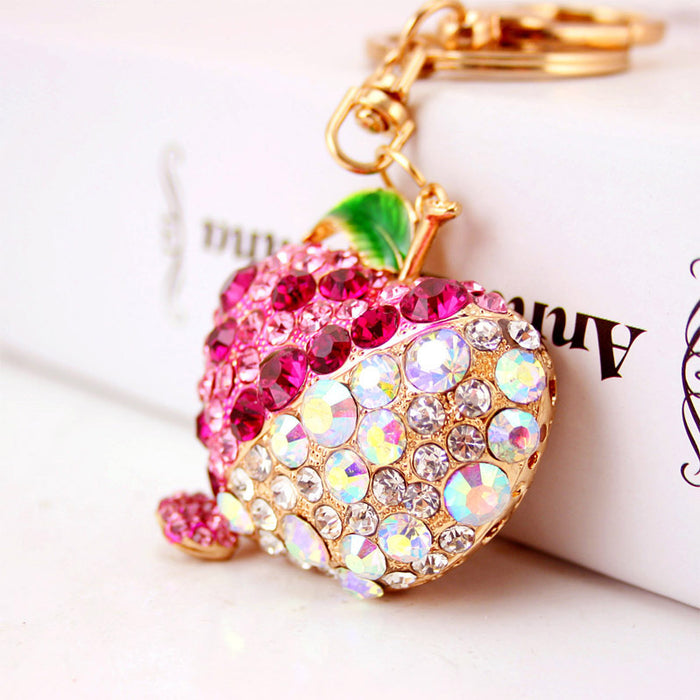 Rhinestone Apple Car Keychain Finished Zinc Alloy Fruit Bag Charm Gift